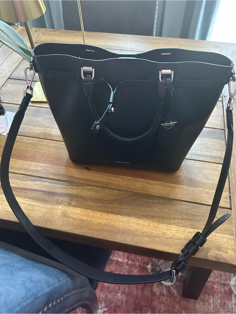 Michael Kors Black Leather Tote with Braided Top Handle